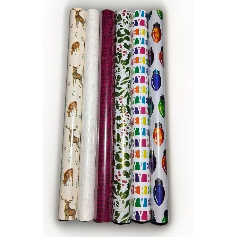 Christmas Wrapping Paper Rolls 6 Pack Assorted Deer Holly Retro Lights 20 Inch